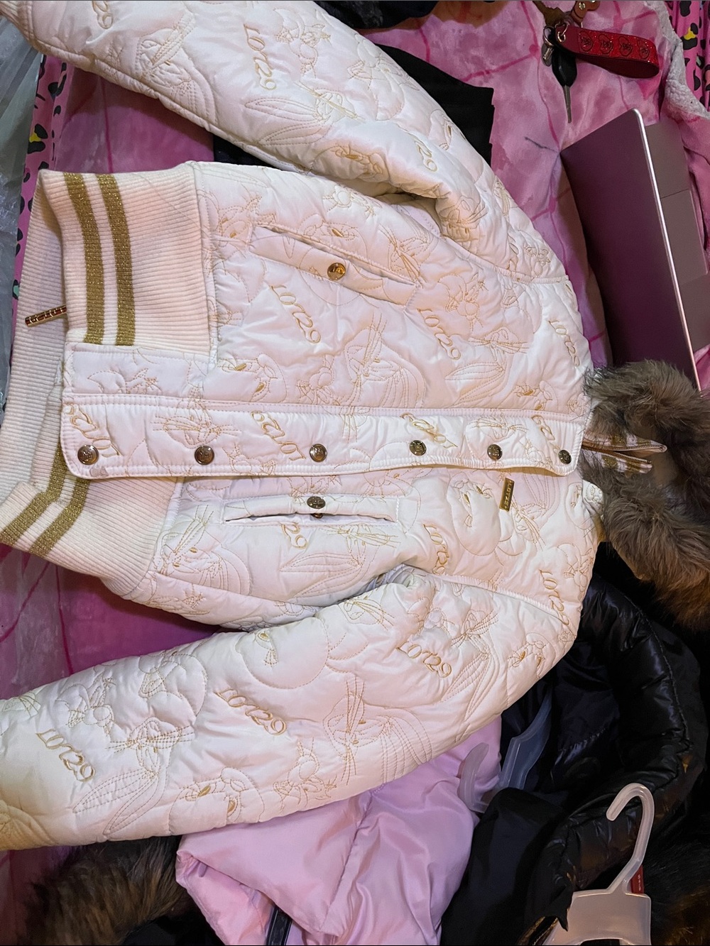 Women's White Quilted Bomber Jacket with Faux Fur Trim
